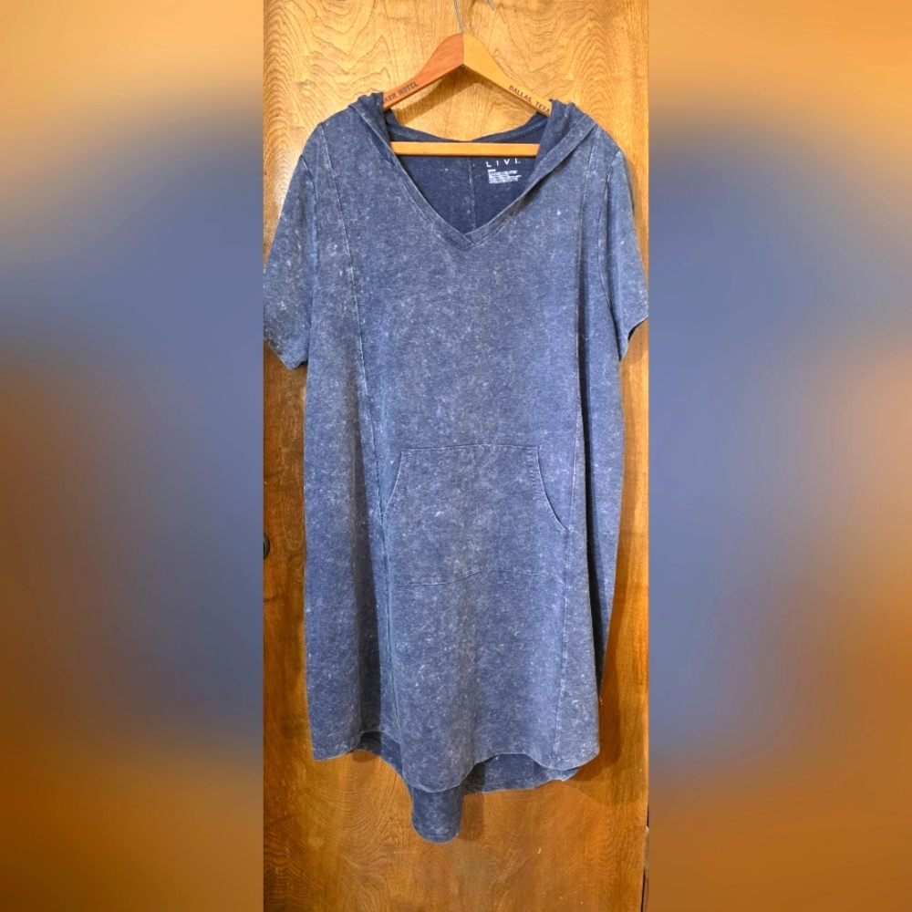 Blue Hooded Dress with Pockets